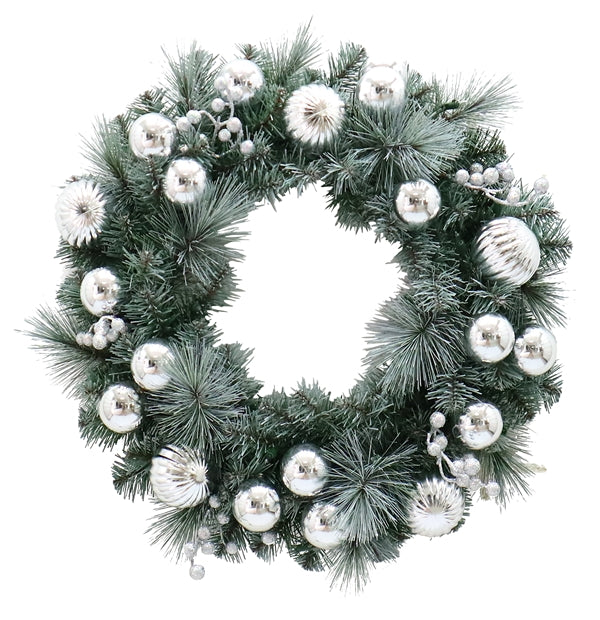 Frosted Silver Pine 24" Wreath With Silver Balls